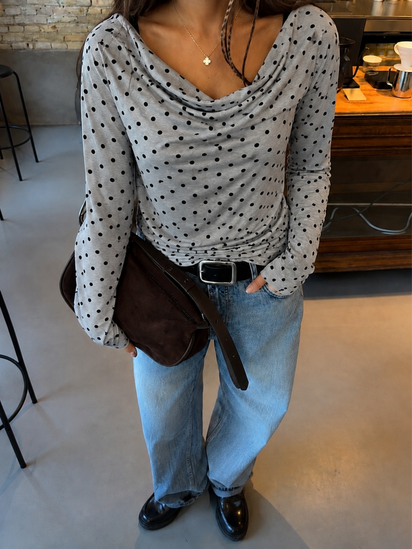 Top Lunares Manga Larga Gris