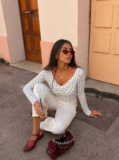 Top Lunares Manga Larga Blanca