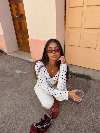 Top Lunares Manga Larga Blanca